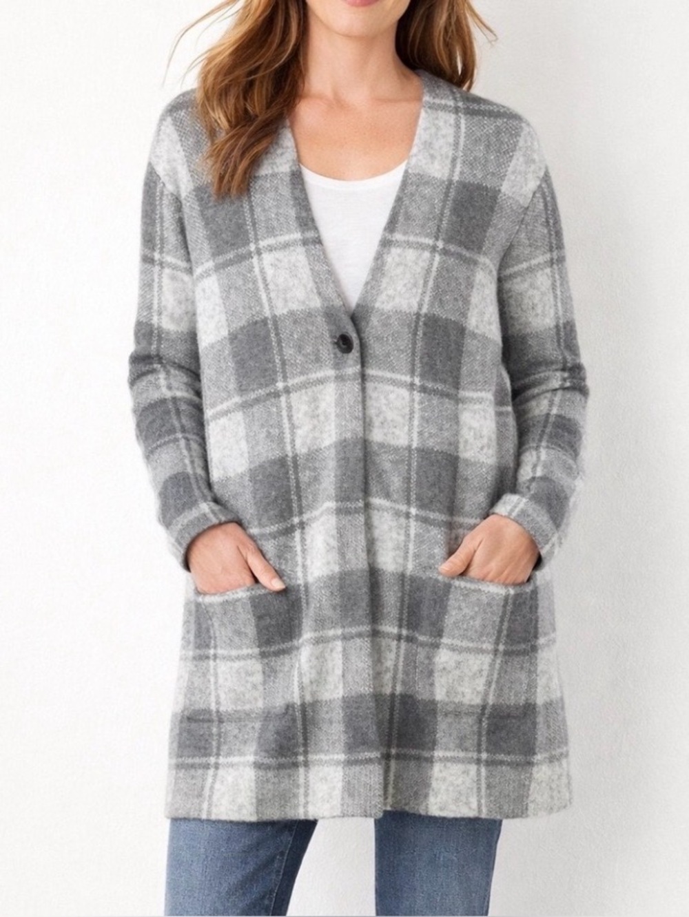 J.Jill Small Tall Gray Jacquard Plaid Cotton Knit Cardigan Duster Sweater Jacket